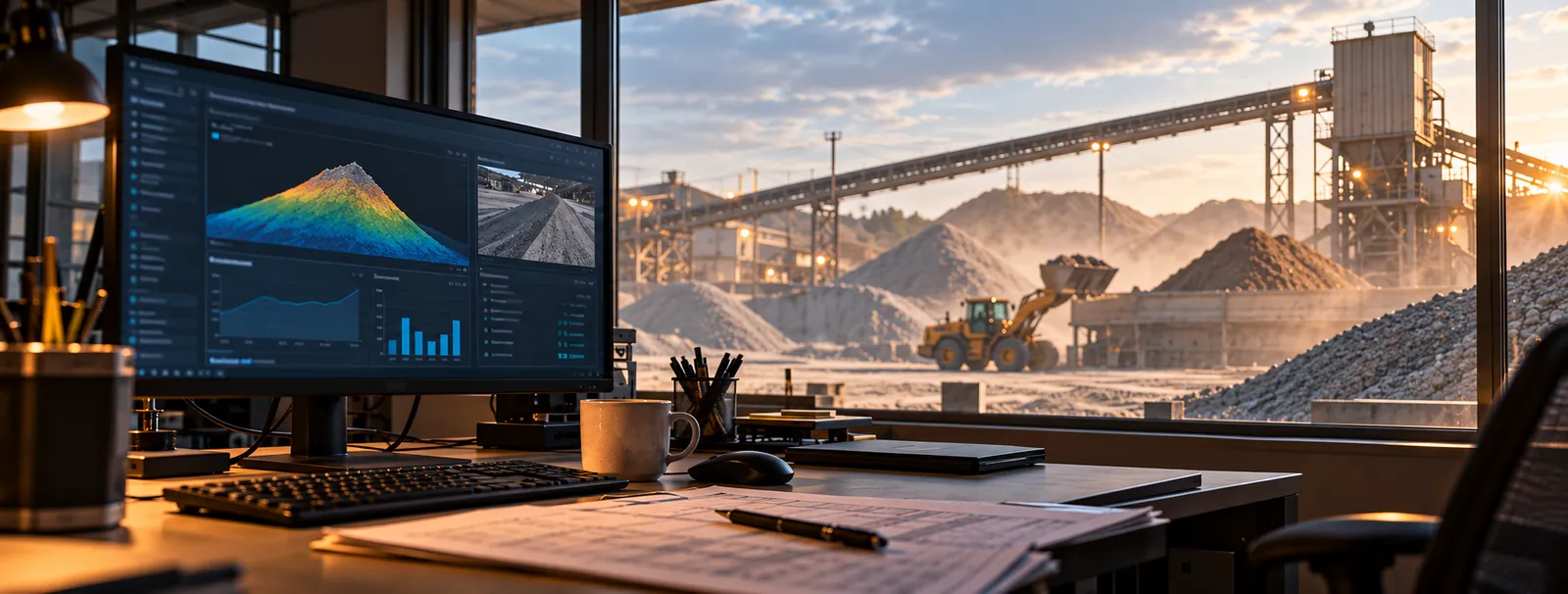 Desk with a monitor showing a 3D stockpile map and an aggregate yard visible through the window