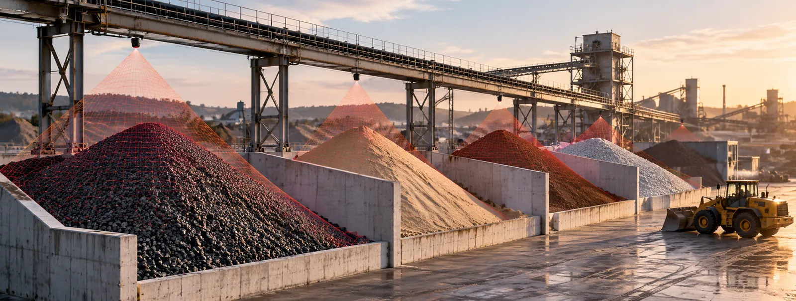 Row of colored stockpiles in concrete bays scanned by red LiDAR beams at sunset