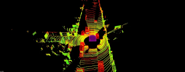 3D LiDAR point cloud scan visualization showing environment mapping with color-coded distance data