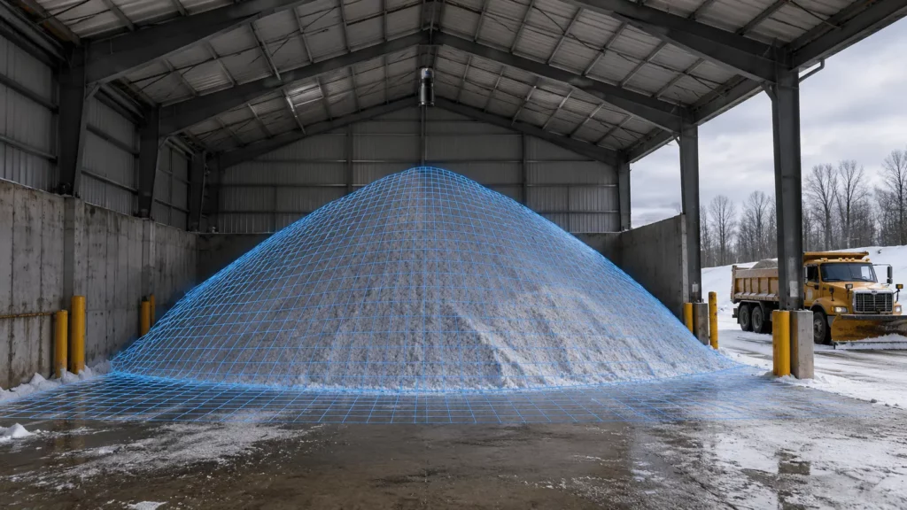 Overhead LiDAR sensor projecting a blue 3D scanning grid over a road salt stockpile inside a storage bunker for real-time volume estimation