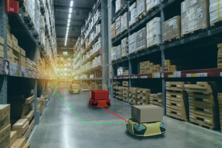 LiDAR guided autonomous mobile robots navigating through warehouse aisles with path planning visualization