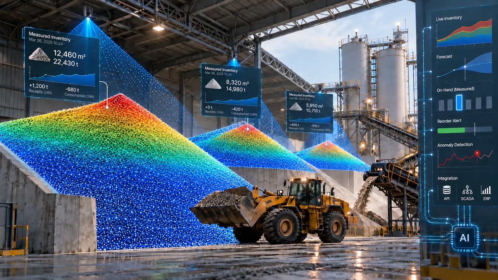 Wheel loader at LiDAR-scanned stockpiles with measured volume and tonnage readouts, next to an AI panel showing live inventory, forecast and reorder alert