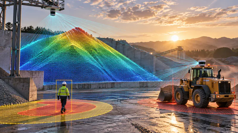 LiDAR point cloud over a stockpile with safety zones around a worker and a wheel loader