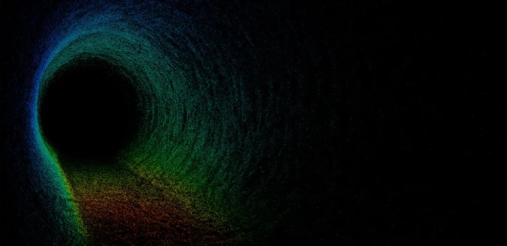 Colorful 360-degree LiDAR point cloud scan showing the interior cross-section of a sewage pipe with blue, green, yellow and red data points against black background