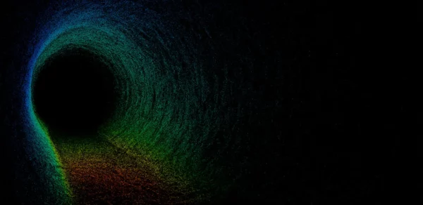 Colorful 360-degree LiDAR point cloud scan showing the interior cross-section of a sewage pipe with blue, green, yellow and red data points against black background