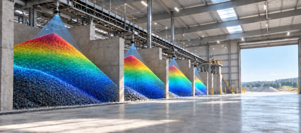 Ceiling-mounted LiDAR sensors scanning bulk material stockpiles in concrete storage bays, shown as color-coded 3D point clouds