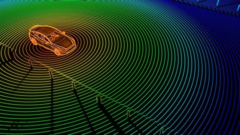 LiDAR sensor emitting 360-degree laser pulses around an autonomous vehicle for environment detection