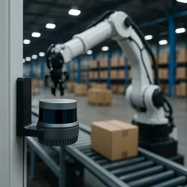 LiDAR sensor mounted in warehouse setting monitoring robotic arm handling packages on conveyor belt for industrial automation and safety