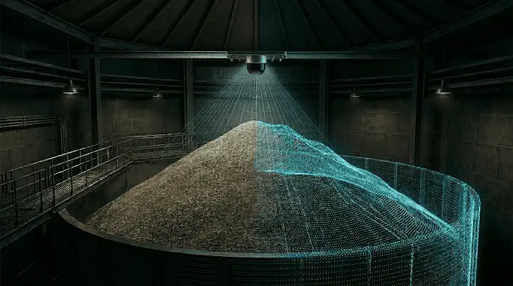 LiDAR sensor mounted inside a silo measuring material level with 3D point cloud overlay
