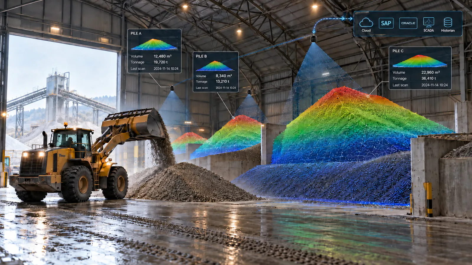 LiDAR-measured aggregate stockpiles in a warehouse with volume, tonnage and last scan readings sent to cloud, SAP, Oracle, SCADA and historian systems