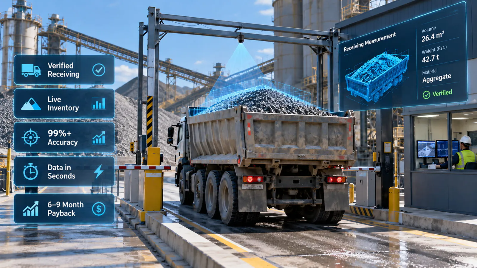 Dump truck loaded with aggregate passing under a LiDAR gantry at a receiving gate, with measured volume and estimated weight shown on screen