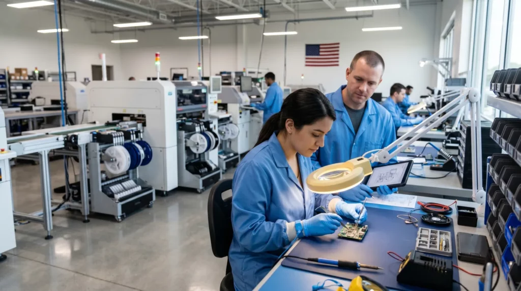 Cross-functional team of hardware, firmware, mechanical, and manufacturing engineers collaborating at one workbench in the Cratus Technology Team-in-a-Box model