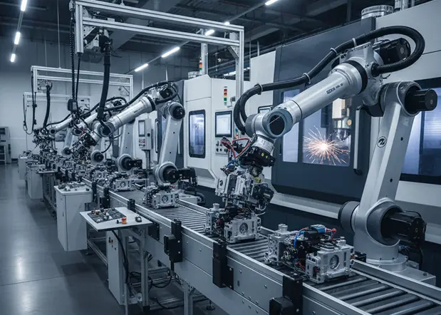 Advanced manufacturing automation facility with industrial robotic arms performing precision assembly on automated production line with CNC machining centers