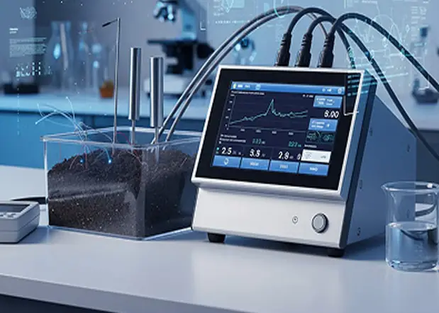 Advanced medical laboratory instrument with digital monitoring display and multiple sensor probes testing soil or biological sample in clinical research environment