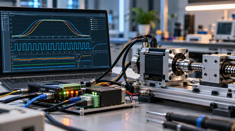 Laptop showing motion control waveforms beside a stepper motor test rig