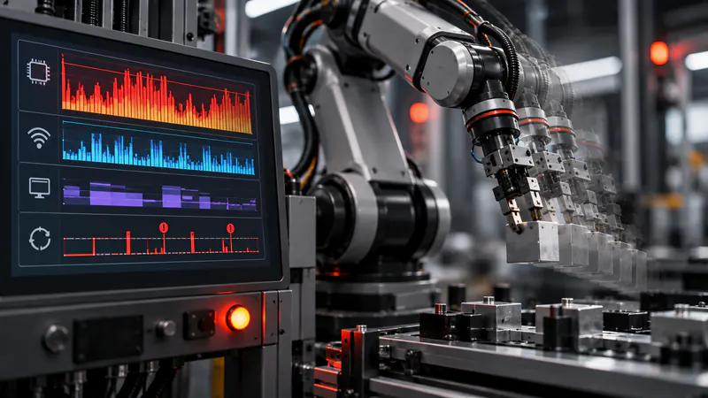 Robot arm beside a monitor showing jittery motion control signals