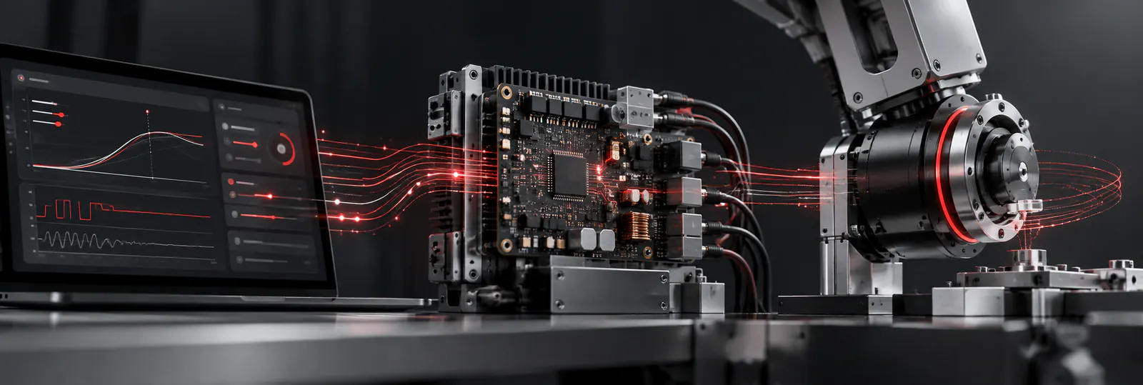 Motion controller board connected to a servo motor with motion profiles on a monitor