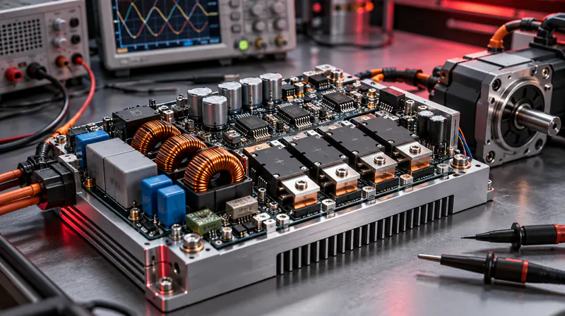 Motor drive inverter board with power stages and a servo motor on a test bench