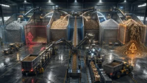 Multi-zone bulk material storage facility with digital alerts marking a material shortage in one bunker and an overfill hazard in another while conveyors, trucks and packaging lines keep running