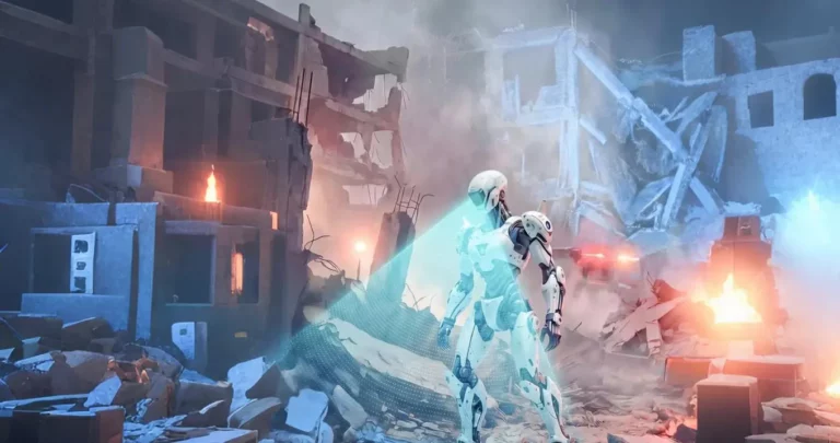 Humanoid robot scanning a smoke-filled, collapsed building with dToF depth sensing