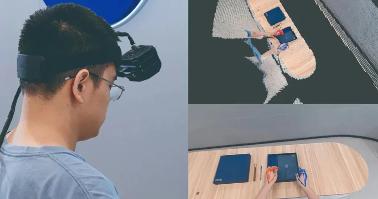 Engineer wearing ODIN1 Lite on a head strap while live depth and color data of his hands is captured