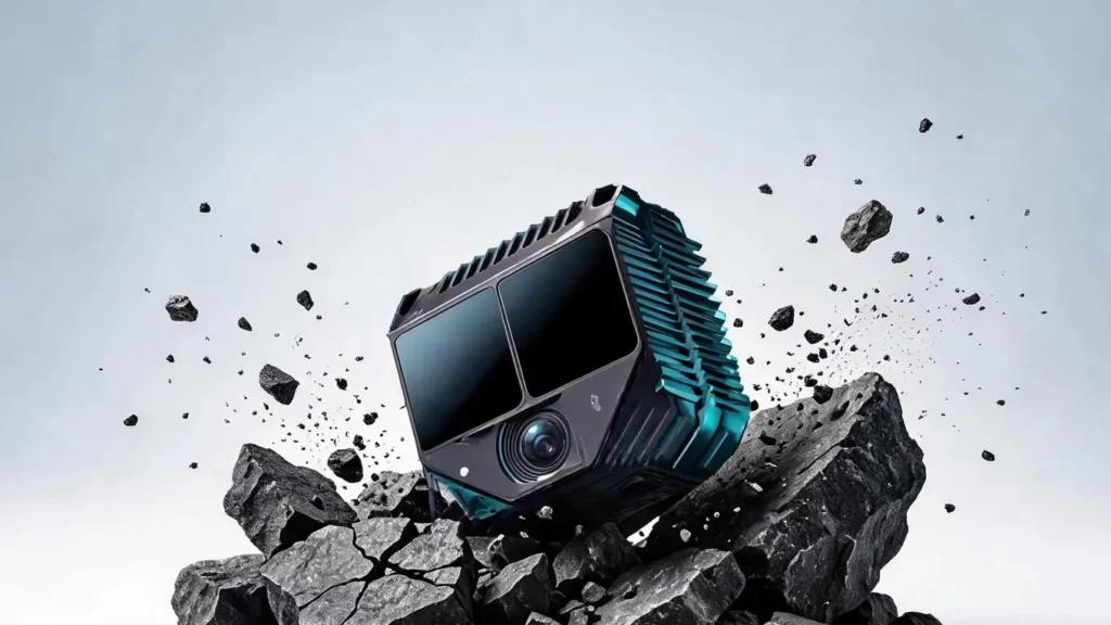 ODIN1 Lite module landing on cracked rocks with flying debris, showing its impact-resistant housing