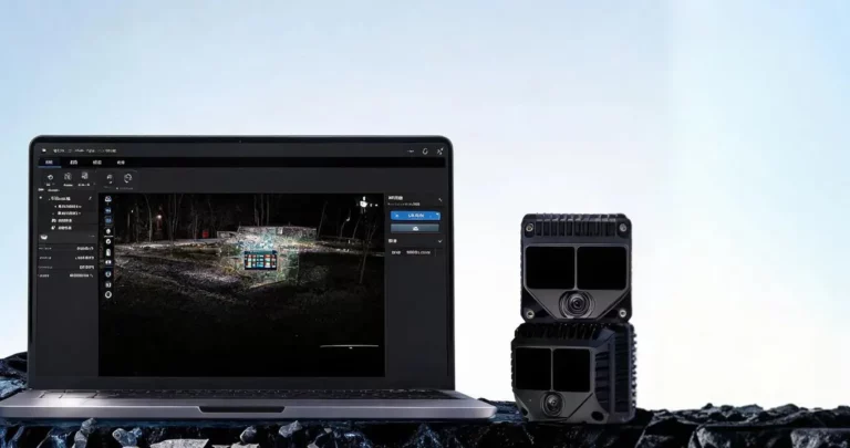 Laptop showing a 3D point cloud in data processing software beside two ODIN1 Lite modules