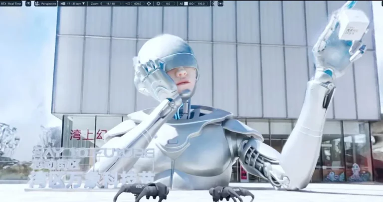 Humanoid robot model in a real-time 3D simulation of a city scene built from captured spatial data