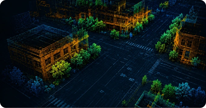 3D LiDAR point cloud visualization of an urban intersection with buildings and trees, demonstrating Ono LiDAR sensor's spatial memory and real-time environment mapping for robotics navigation