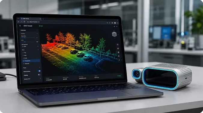 ONX 3D LiDAR point cloud of trees and vehicles shown in ONX Viewer software on a laptop next to the sensor