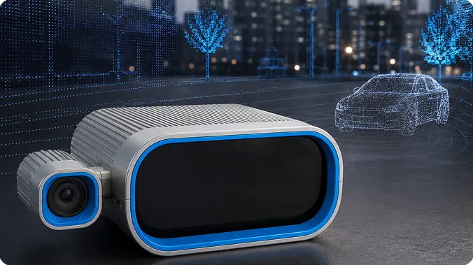 ONX 6D solid state LiDAR with integrated camera perceiving a vehicle and city environment at night for autonomous mobility