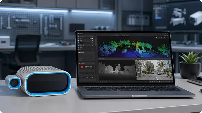 ONX 6D LiDAR combining a 3D point cloud with a synchronized 2D camera image of a street scene on a laptop