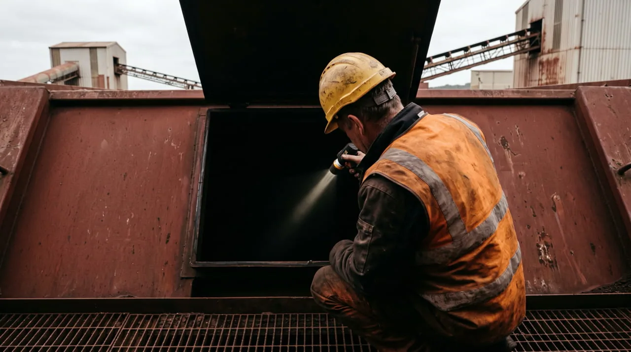 Plant operator kneeling at a bin access hatch and shining a torch inside