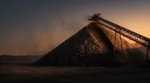 Conical stockpile of dark crushed ore under a conveyor at dusk