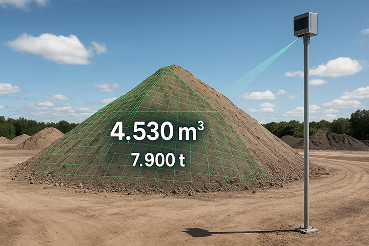 Large outdoor sand or aggregate pile with green grid overlay showing 4530 cubic meters volume and 7900 tons mass measured by pole-mounted laser scanner