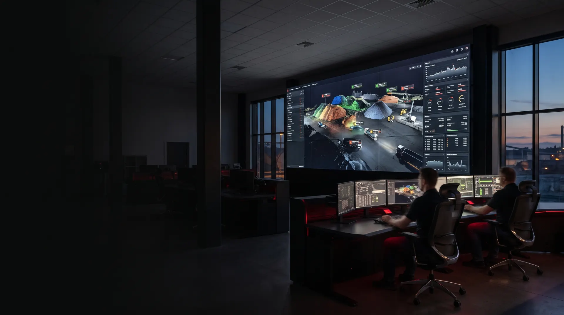Control room operators monitoring LiDAR stockpile volumes on a SCADA video wall