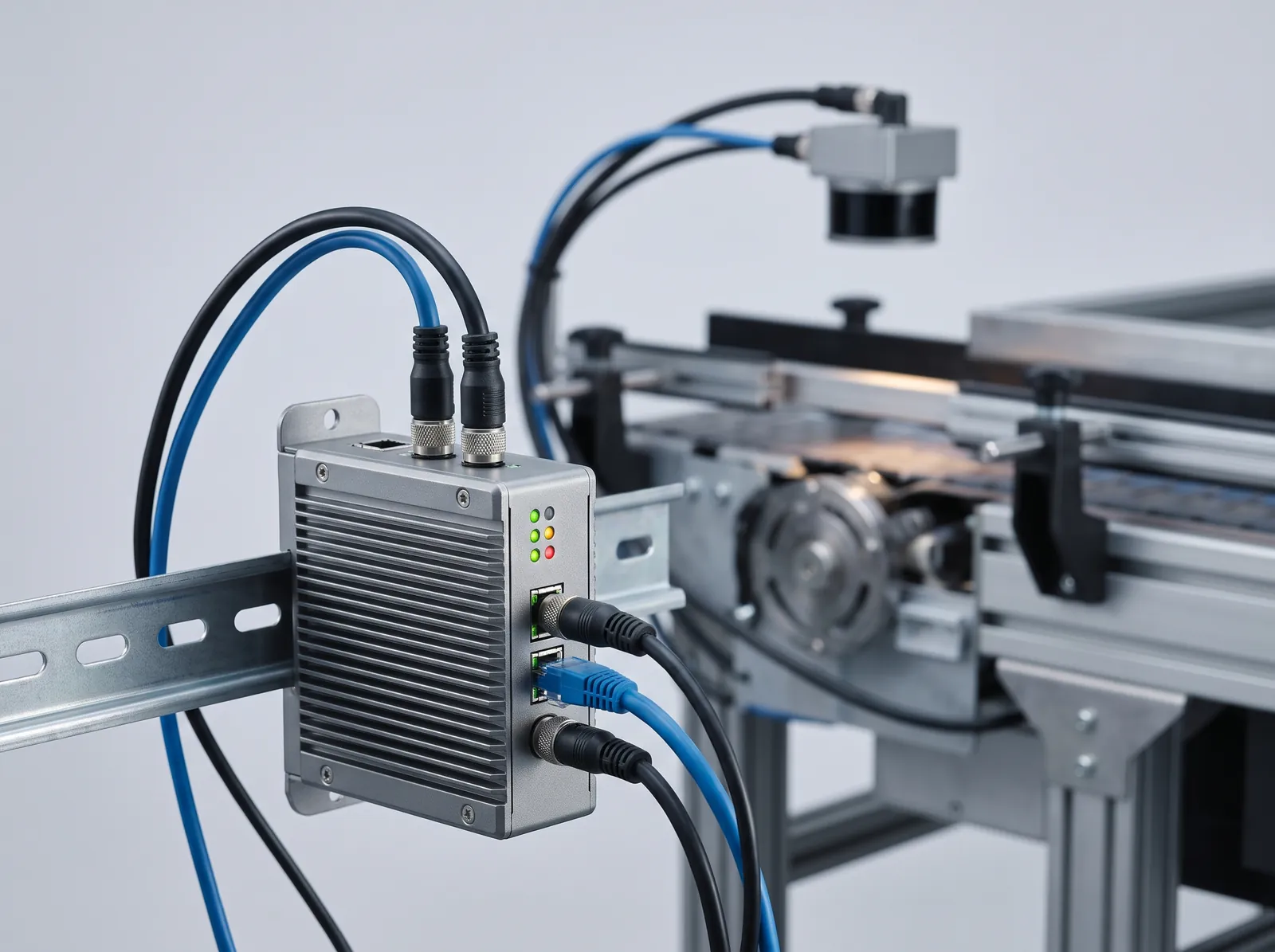 Industrial edge computer on a DIN rail, cabled to a LiDAR sensor mounted over a conveyor.