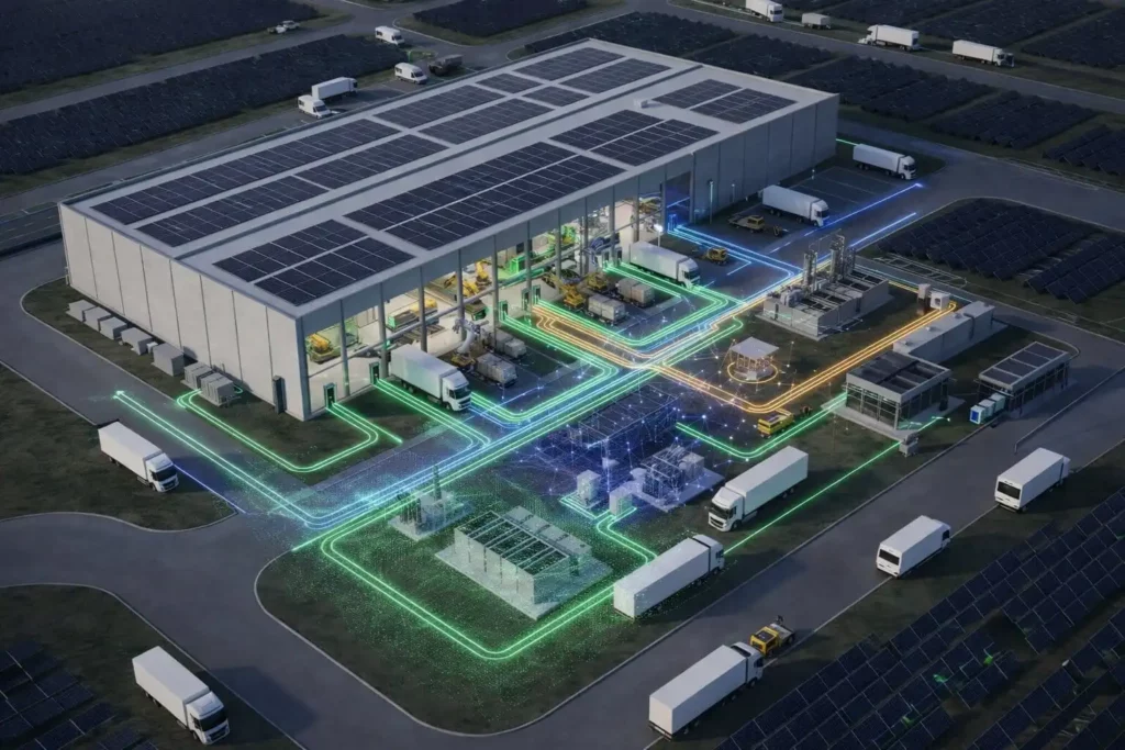 Physical AI system managing smart warehouse energy with solar panels, EV charging, and real-time grid optimization