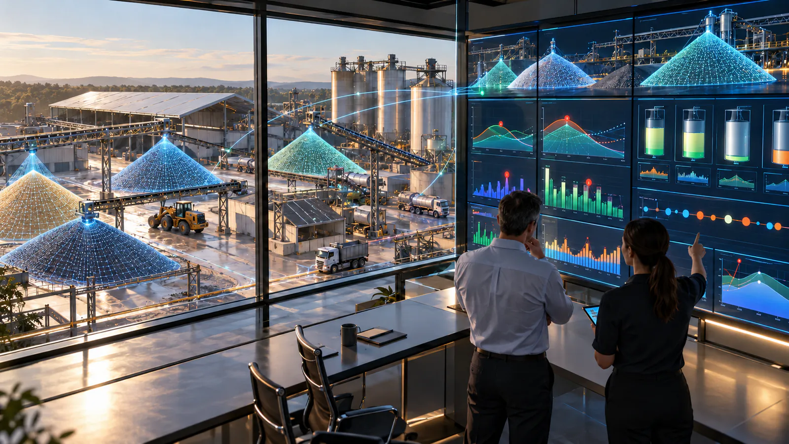 Two planners reviewing LiDAR-measured stockpile volumes, silo levels and anomaly charts on a wall of dashboards overlooking a bulk material plant