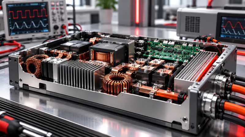 Open DC-DC power converter with magnetics, heat sinks and power stages on a lab bench