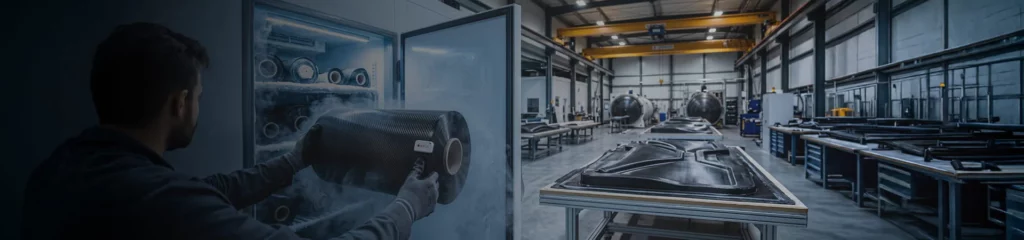 Composites technician lifting a carbon fiber prepreg roll out of a frost-filled freezer, with layup tables, tooling and autoclaves on the shop floor behind him