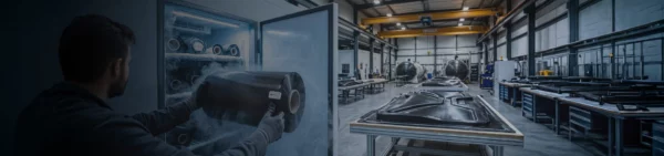 Composites technician lifting a carbon fiber prepreg roll out of a frost-filled freezer, with layup tables, tooling and autoclaves on the shop floor behind him
