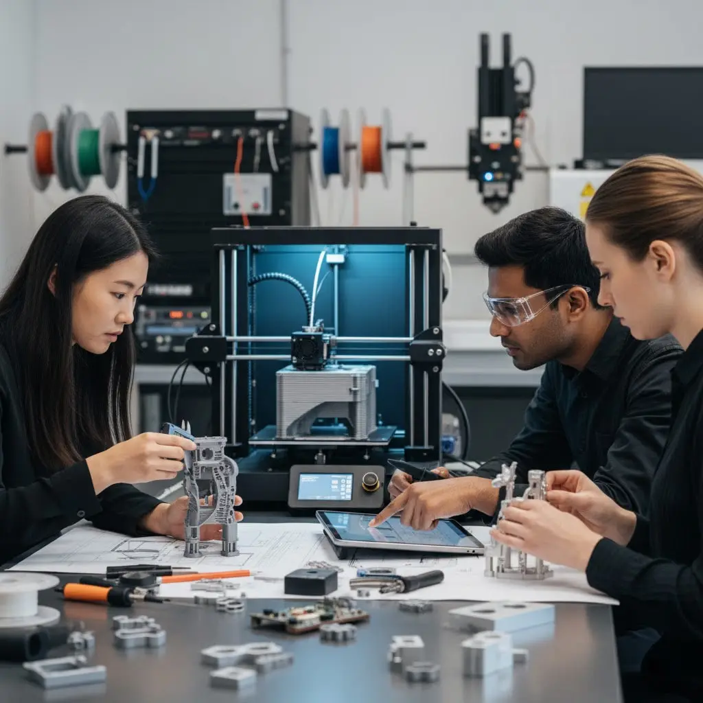 Engineers examining 3D printed prototypes with industrial 3D printer in professional workshop
