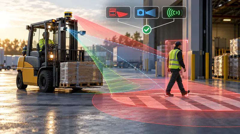 Forklift with redundant sensors detecting a worker in its path in a warehouse