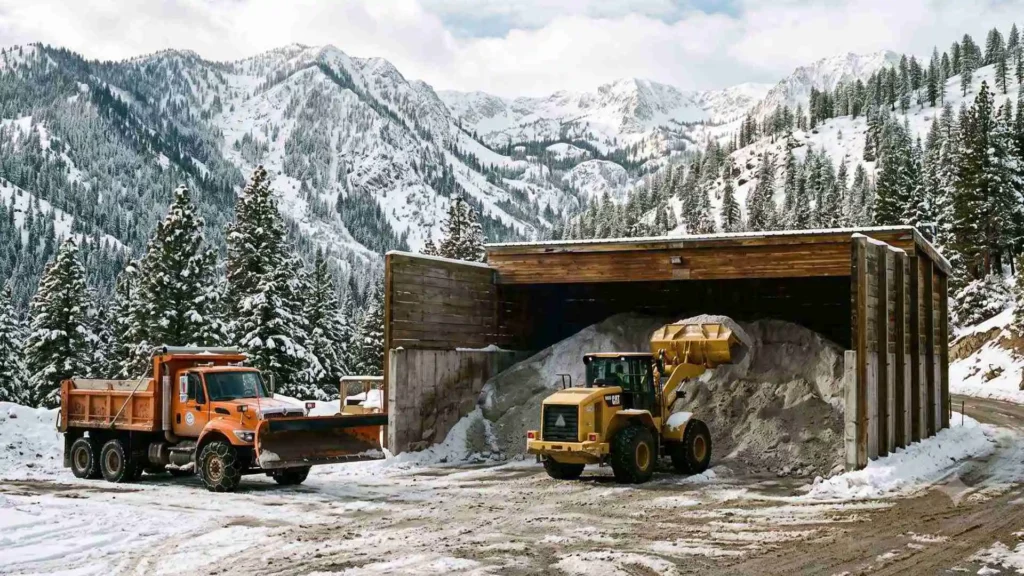 Snow plow truck and wheel loader working at an open road salt storage bunker surrounded by snowy mountains