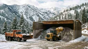 Snow plow truck and wheel loader working at an open road salt storage bunker surrounded by snowy mountains