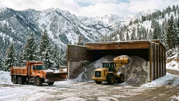 Snow plow truck and wheel loader working at an open road salt storage bunker surrounded by snowy mountains