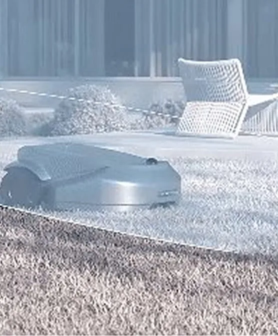 RoboSense Airy on a courtyard robot resolving lawn boundaries, garden furniture and small animals