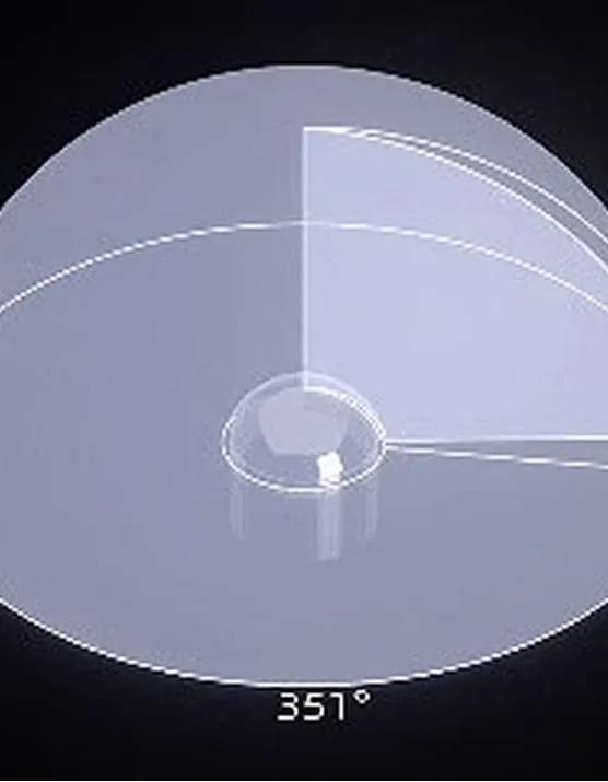 Hemispherical coverage keeping both low kerbs and overhead obstacles inside the field of view