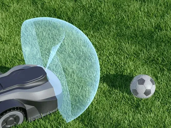 RoboSense E2 on a robotic lawn mower holding slender obstacle contours such as stems and wire in track